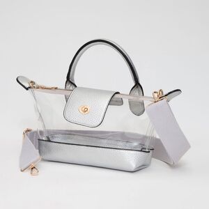 Silver Compact Transparent Clear Crossbody Bag Purse Leather Womens